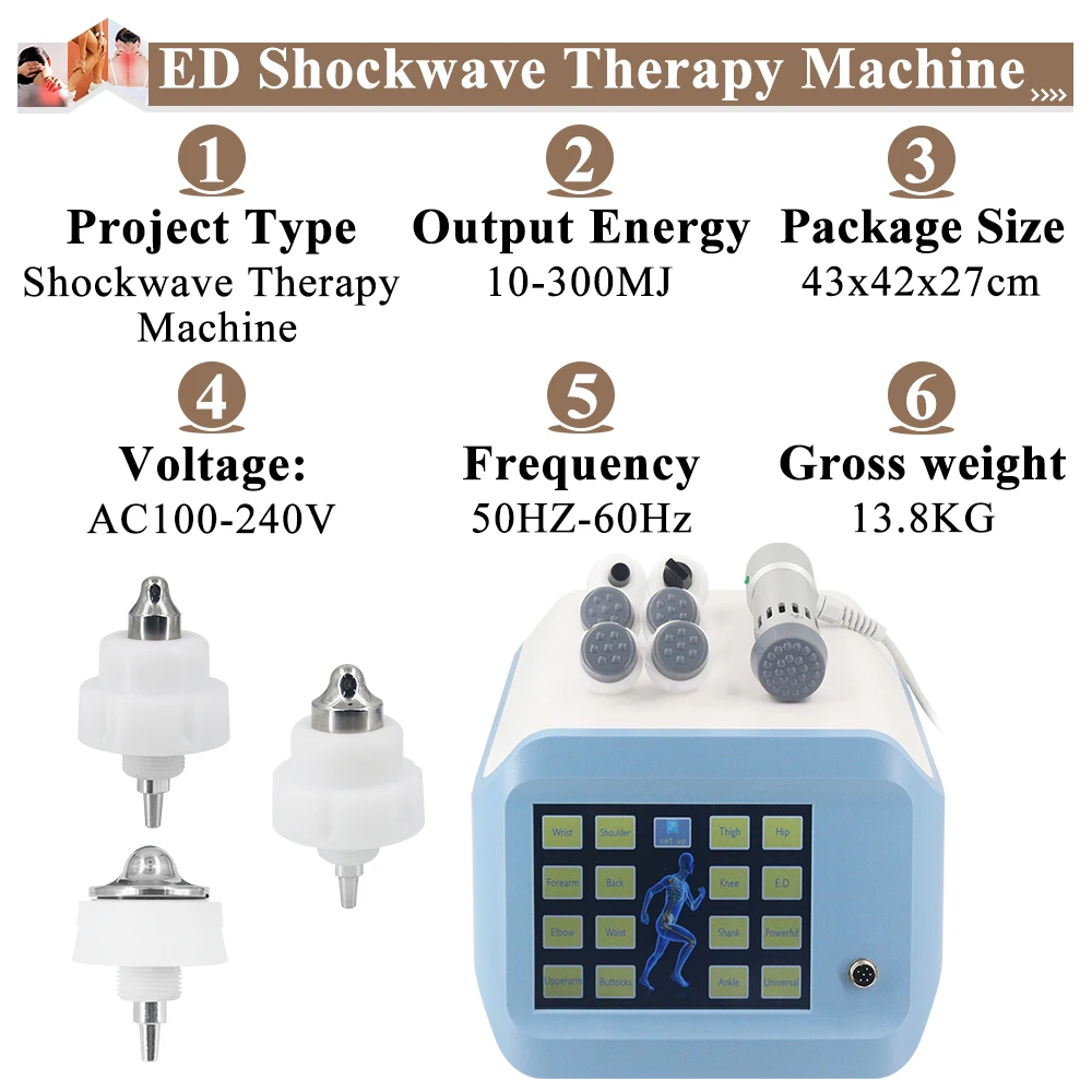 Shockwave Therapy Machine, fisioterapia para tratamento de disfunção erétil, aliviar a dor tendão Massageador Shock Wave, New Tech Handle, 300MJ