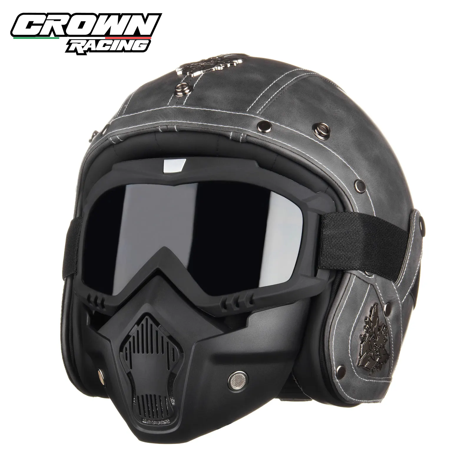 Crown Racing Retro Motorcycle Helmet Men's 3/4 Open Helmet Motorcycle Off-Road Integrated Motorcycle Helmets DOT