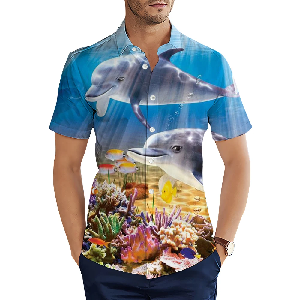 

HX Fashion Hawaii Shirts Cute Tropical Marine Life Dolphin Coral 3D Printed Casual Shirts Summer Short Sleeve Tops Camisas