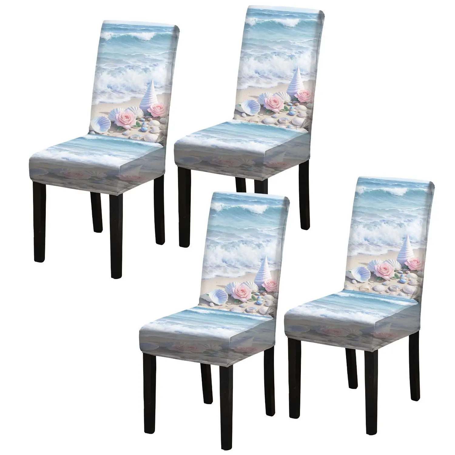 High-elastic printed dining chair cover, seaside dream shell pattern, suitable for home dining tables and chairs