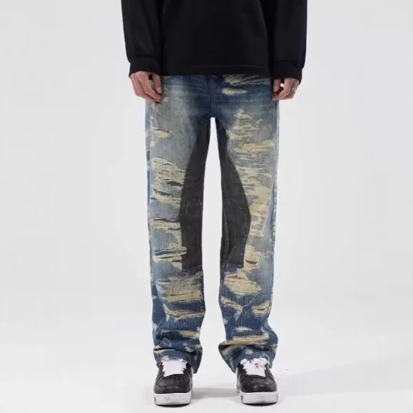 

Американские уличные новые модные мужские свободные простые базовые повседневные модные широкие прямые джинсовые брюки мужские джинсы с заплатками с отверстиями