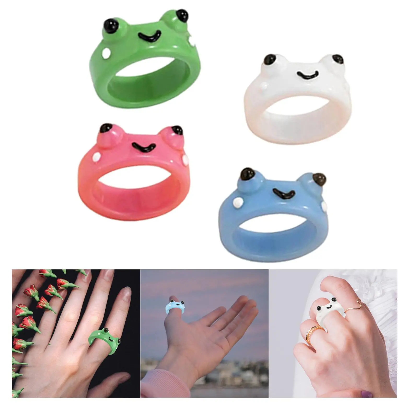 4x Frog Rings Set, Aesthetic Jewelry Smile Face Clay Funny Kids Teen.