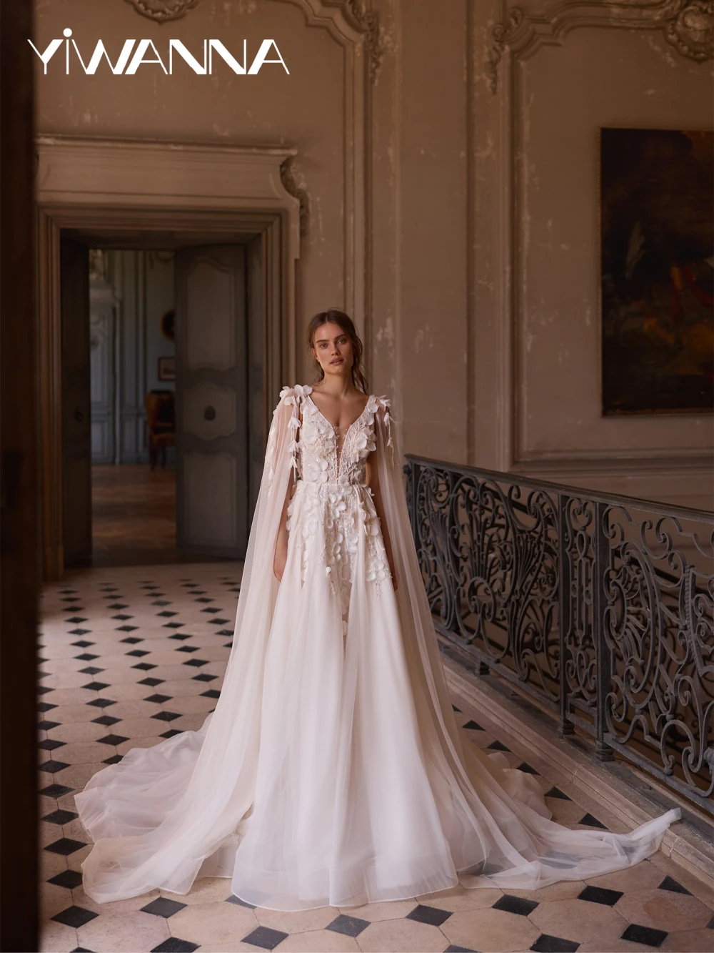 

Exquisite Beaded 3D Flower Wedding Dress Deep V-neck Cape Sleeve Bridal Gown 2026 Customized A-line Long Dresses For Bride