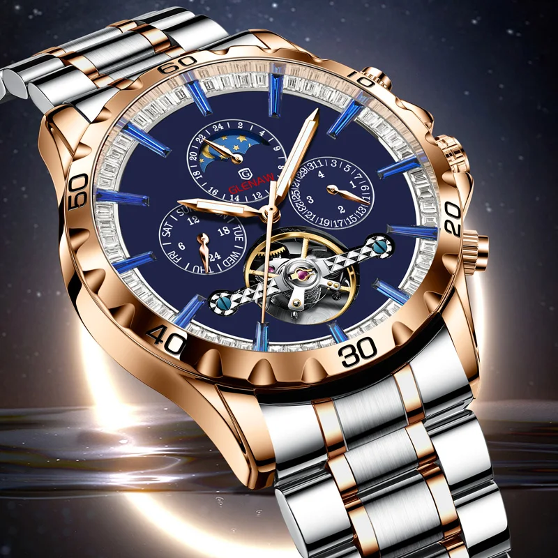 GLENAW New Brand Moon Phoes Luxury Mens Watches Stainless Steel Waterproof Watch Men Mechanical Laughing Male Watch Man Clock