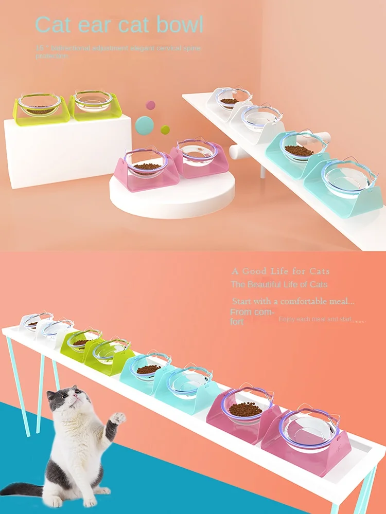 Cat bowl protects cervical vertebrae,cat food bowl prevents overturning,double bowl plastic transparent food bowl,drinking water