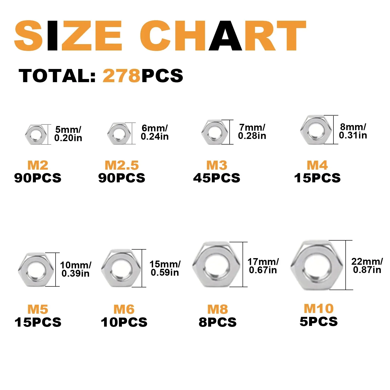 Metric Hexagon Nut Set, DIN M2 M2.5 M3 M4 M5 M6 M8 M10 Stainless Steel Hexagon Nuts 278 Pieces