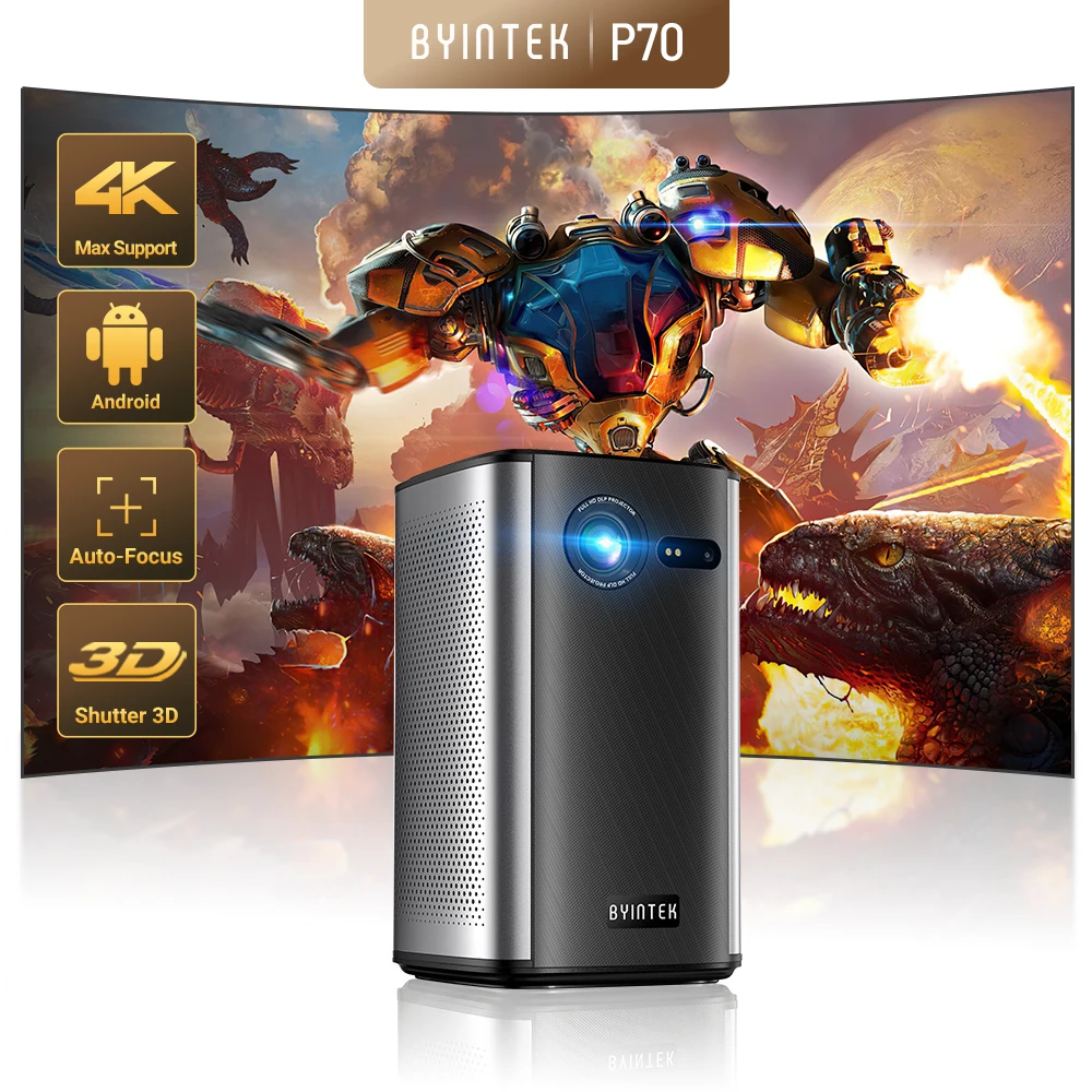 BYINTEK P70 Projector 4K 1080P DLP Mini Portable Projector Home Theater Smart Wi-Fi & Bluetooth for Movies & Gaming With Battery