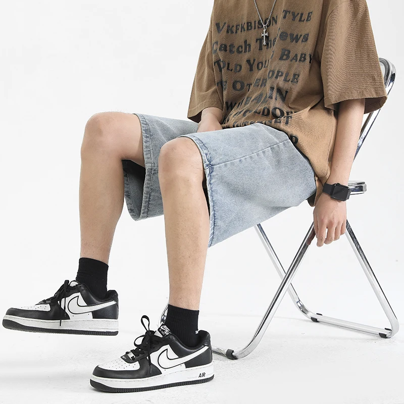 

Fashion Solid Denim Shorts Men Summer Casual Knee Length Jean Shorts with Multiple Pockets Loose-Fit Cowboy Short Pants