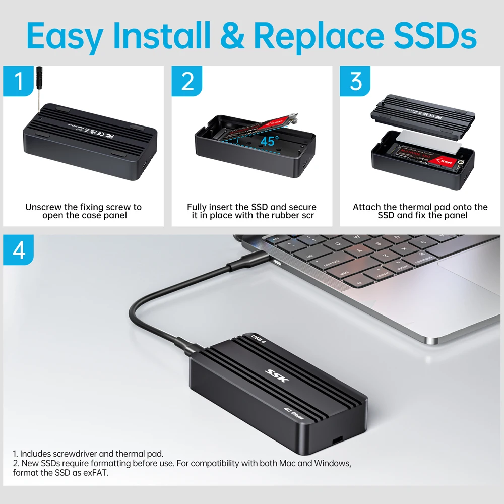 SSK 40Gbps USB 4.0 M.2 NVMe SSD Enclosure M.2 To Type-C Solid State Drive Case Compatible with Thunderbolt 4 Support UASP TRIM