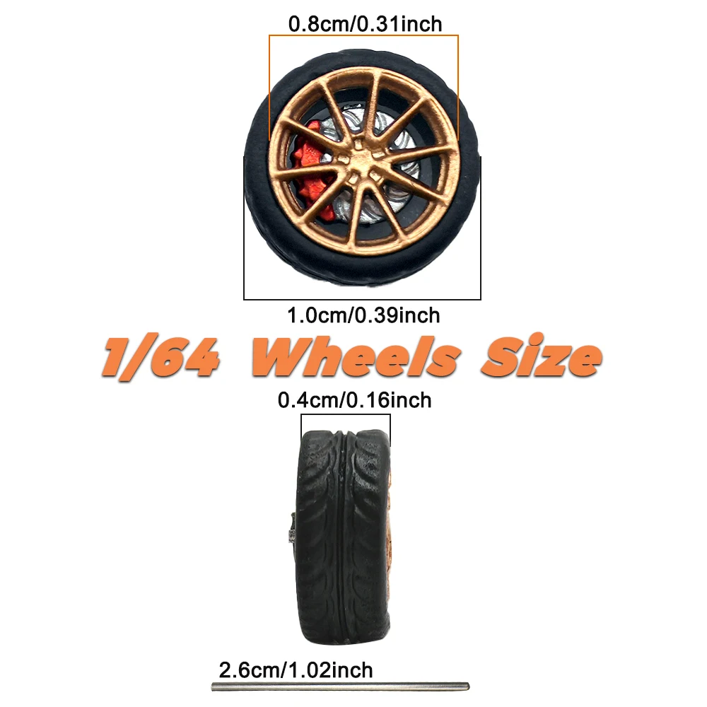 1/64 Model Car ABS 8 Sets Wheels with 2 Sets Rubber Tires Model Brake Disc Diameter 10mm Upgrade Refitting Parts for Tomica