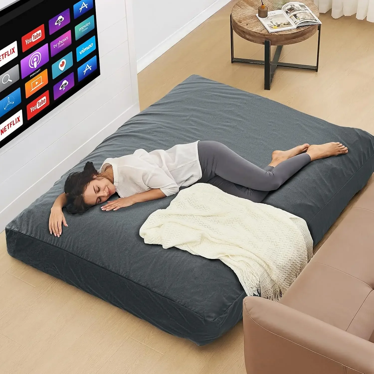Bean Bag Chairs for Adults - Giant Bean Bag Convertible Floor Sofa | 3 IN 1 Lounger Couch Sofa, Memory Foam Filling, Removable V