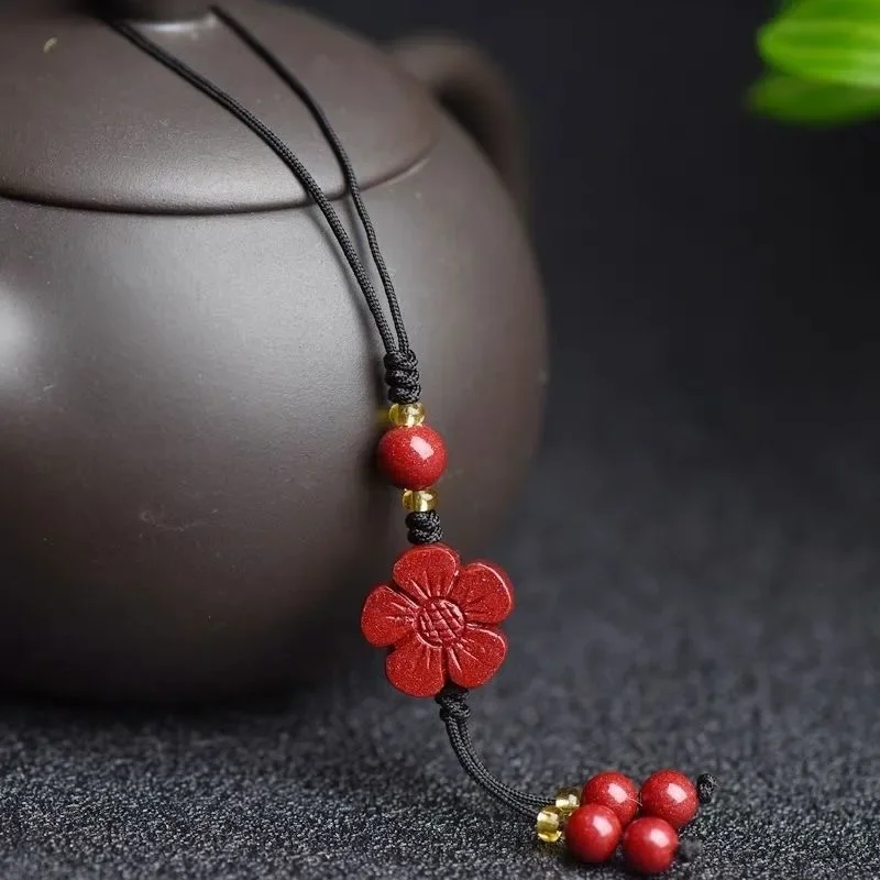 Customized Cinnabar plum blossom Key Chain Organic Jewellery Carved Fashion Chinese Charm Gifts Amulet Bag Buckle Pendant Red