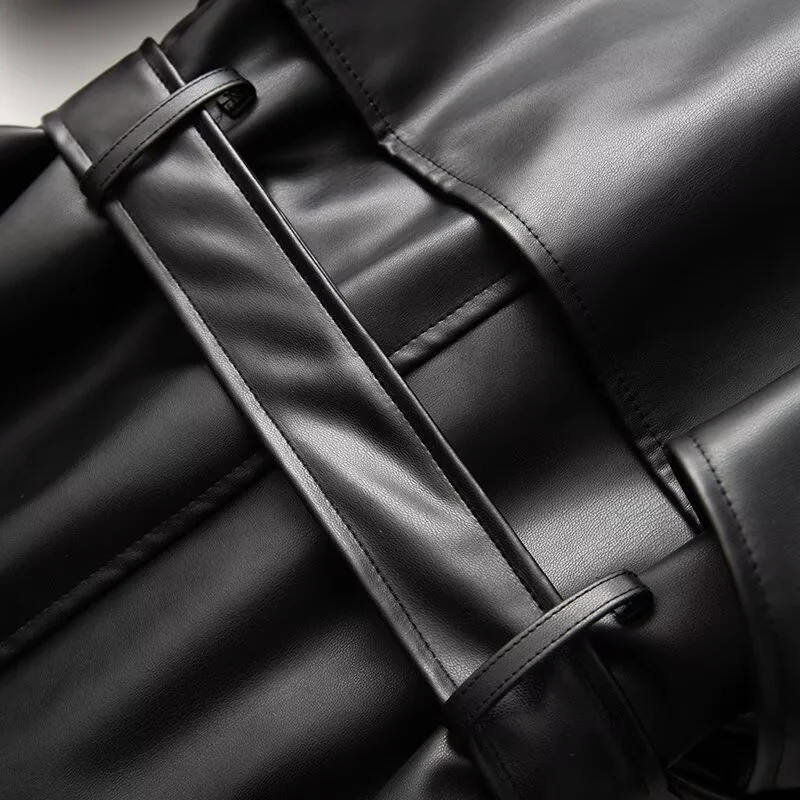 2025 X-long Faux Leather Trench Coat Women's Double-breasted Overcoat Autumn Winter Sashes Windbreaker Streetwear PU Outerwear