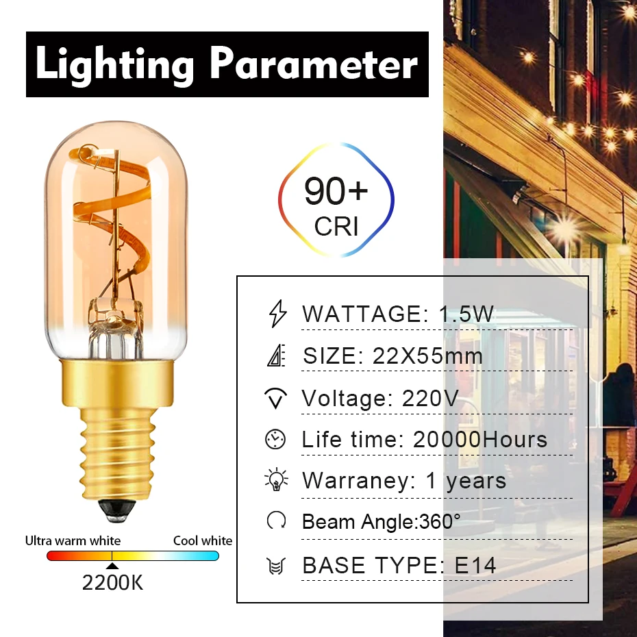 Imagem -02 - Lâmpada Led Tubular Filamento Espiral Mini Lâmpada de Luz Lustre Pingente Vidro Âmbar Amarelo Quente T22gs Base E14 1.5w 220v 2200k