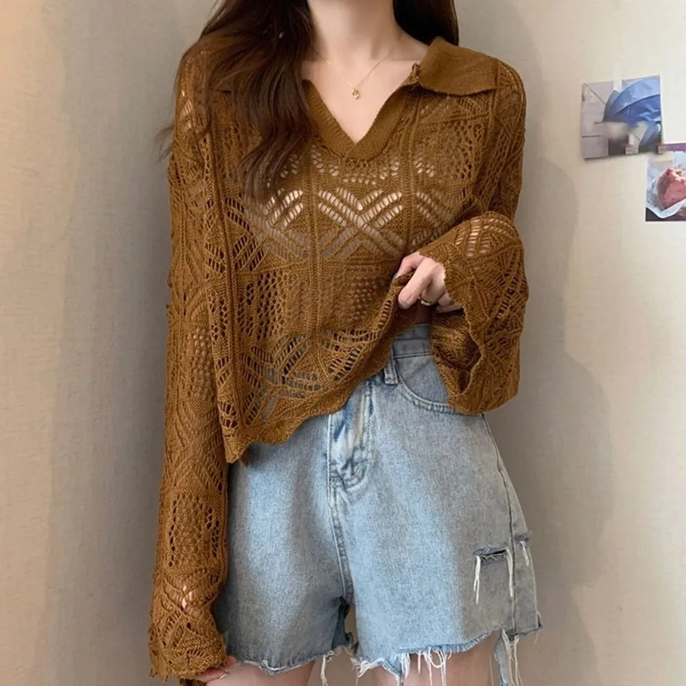 

V-neck Hollow Out Knit T-shirt Loose Long Sleeve Cover Up Crop Top Beachwear Korean Style Sweet Girl's Beach Top Streetwear