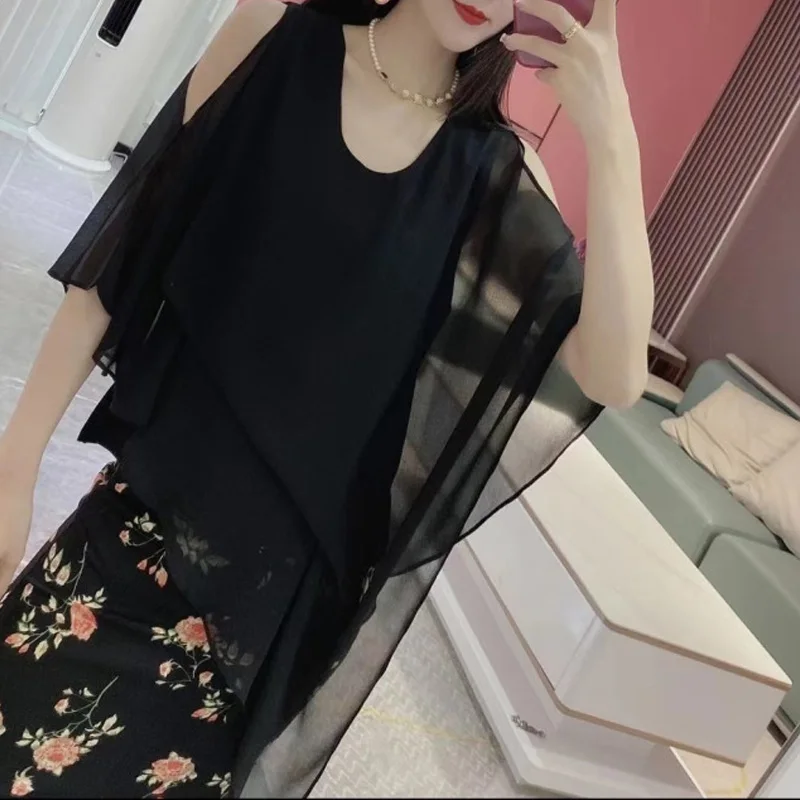 2024 New Summer Personalized Trendy Round Neck Off Shoulder Irregular Hem Fashion Casual Loose Versatile Solid Color Shirt