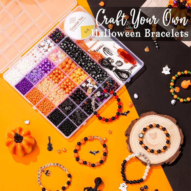 1Box Halloween Style Clay Beads and Black Letter Beads Kit Bracelet Making Kit for Friendship Bracelet Making Diy Supplies
