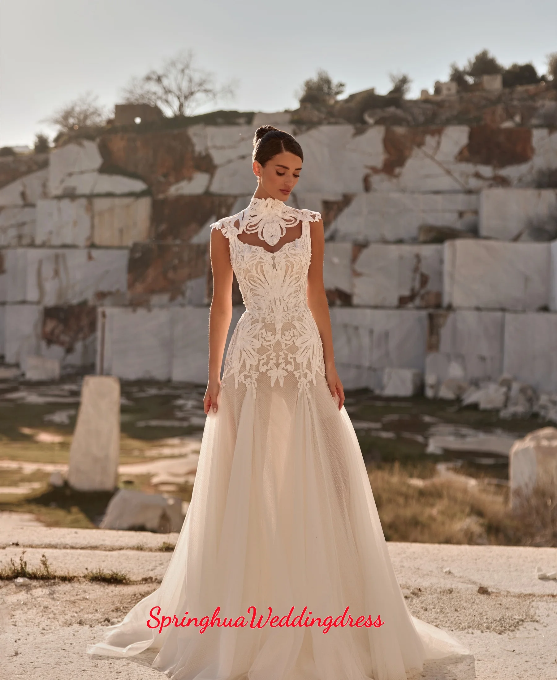 Customzied High Neck Cutout Lace Wedding Dresses Sleeveless Hand Sewn Pearl Appliqued Tulle Court Train Vestidos De Novia