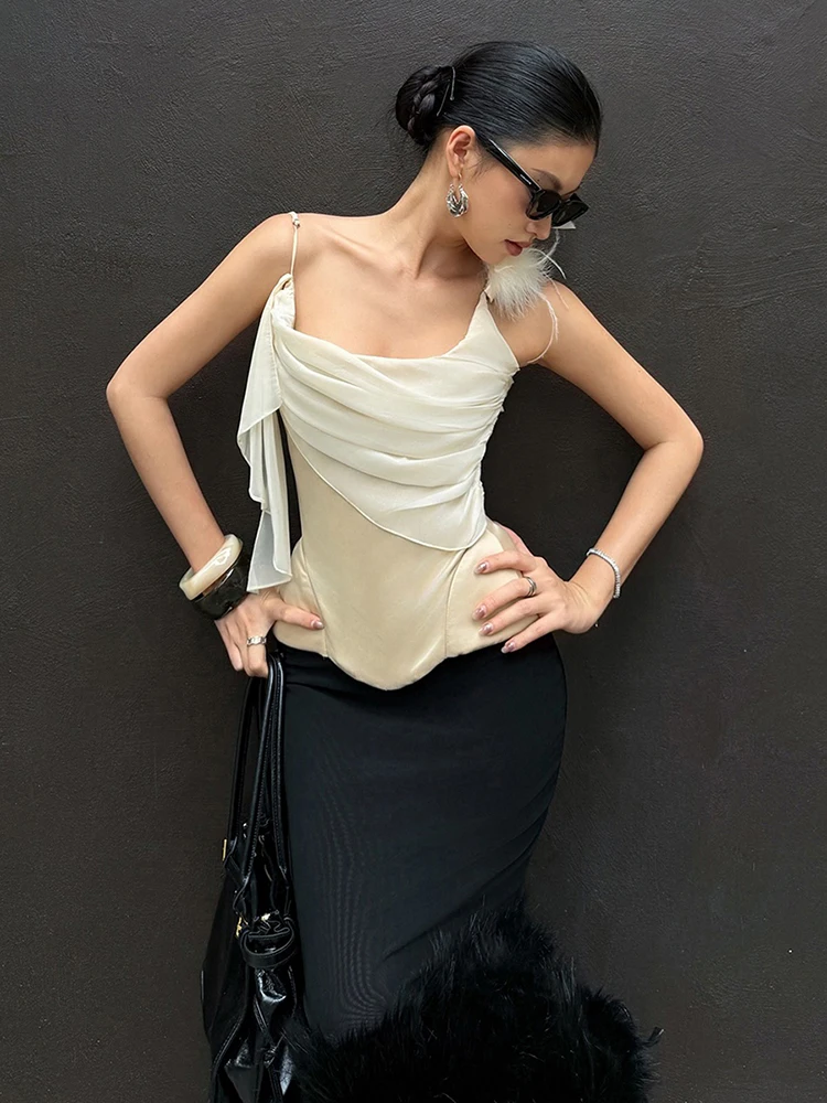 

Nibber повседневный комплект из 2 предметов, женский сексуальный укороченный топ без рукавов с атласной лентой + пышная лоскутная юбка, вечерние элегантная уличная одежда