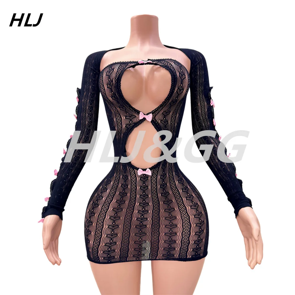 HLJ Black Sexy Mesh Hollow Bow Bodycon Mini Dresses Women Long Sleeve Sheer Slim Nightclub Vestidos Female Perspective Clothing