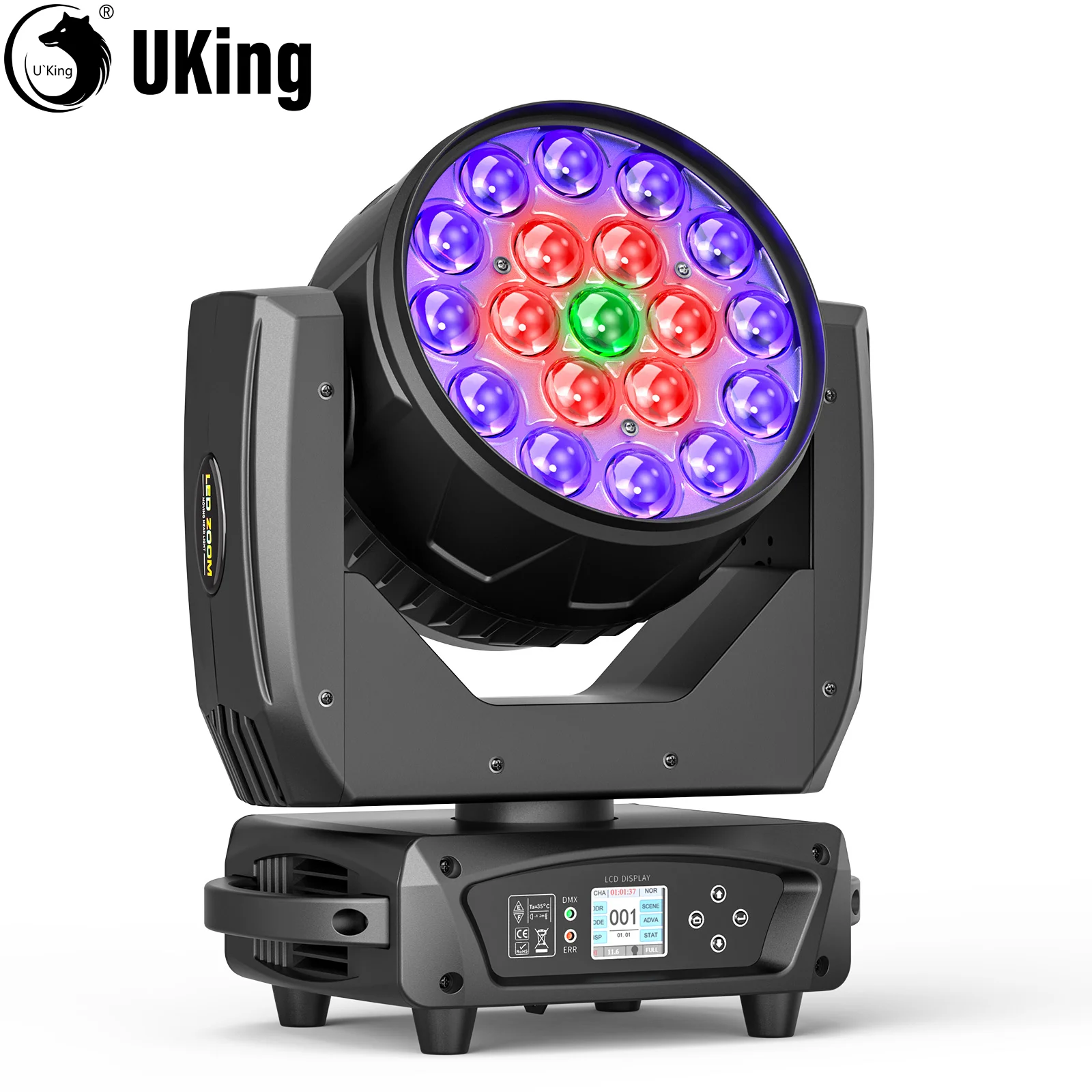 U'King 200W Beam Wash Zoom Moving Head Light 19X10W RGBW ไฟ LED DMX512 DJ Light สําหรับ DJ Disco KTV บาร์ไนท์คลับ