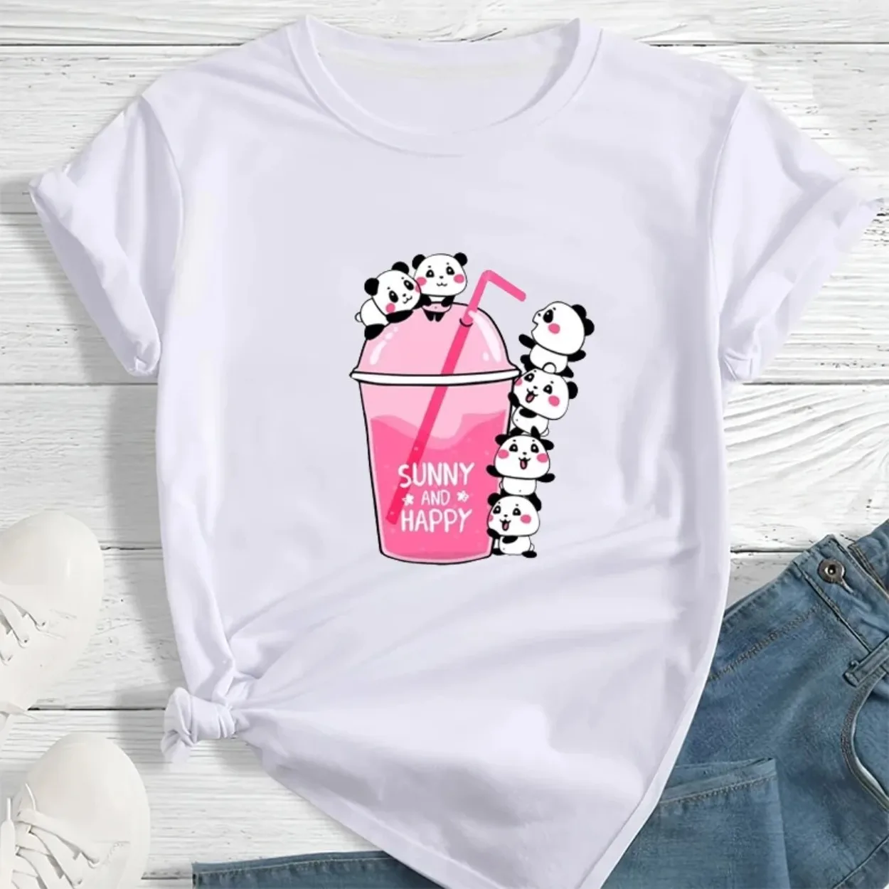 Kawaii Panda Animals Print T-shirt 2026 Summer Women Casual Short-sleeved Streetwear Top Harajuku O-Neck T Shirts Female Clothes