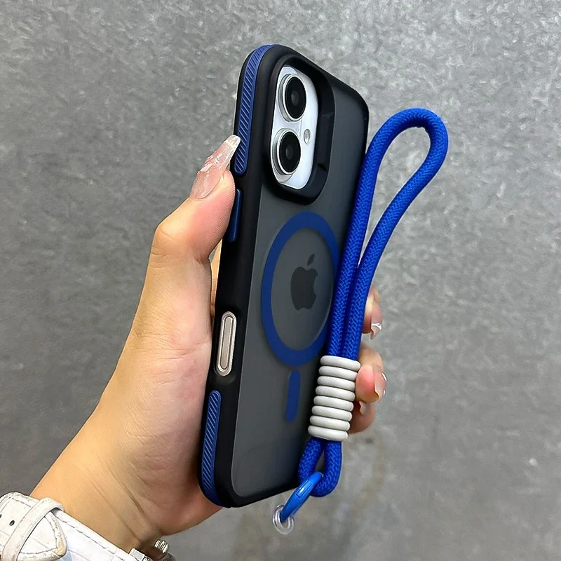 Luxury With Lanyard Magsafe Matte Phone Case For iPhone 11 12 13 14 15 16 17 Pro Max Plus Air Magnetic Bumper Back Cases Cover - náhled 5