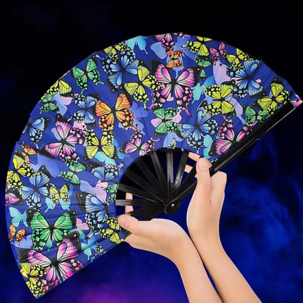 Bamboo Bone Folding Portable Fluorescent Fan Fluorescent Ink Printing Oncloth For Party Evening Occasion Stage Da B8r0