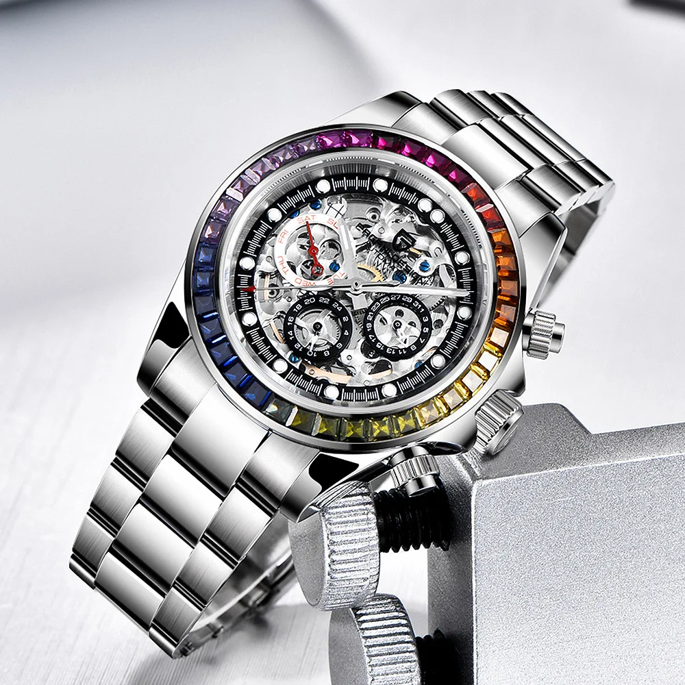 PAGANI Design Men Automatic Mechanical Watch Rainbow Rainbow Circle Skeleton Dial Stainless Steel Sapphire Sports Watches