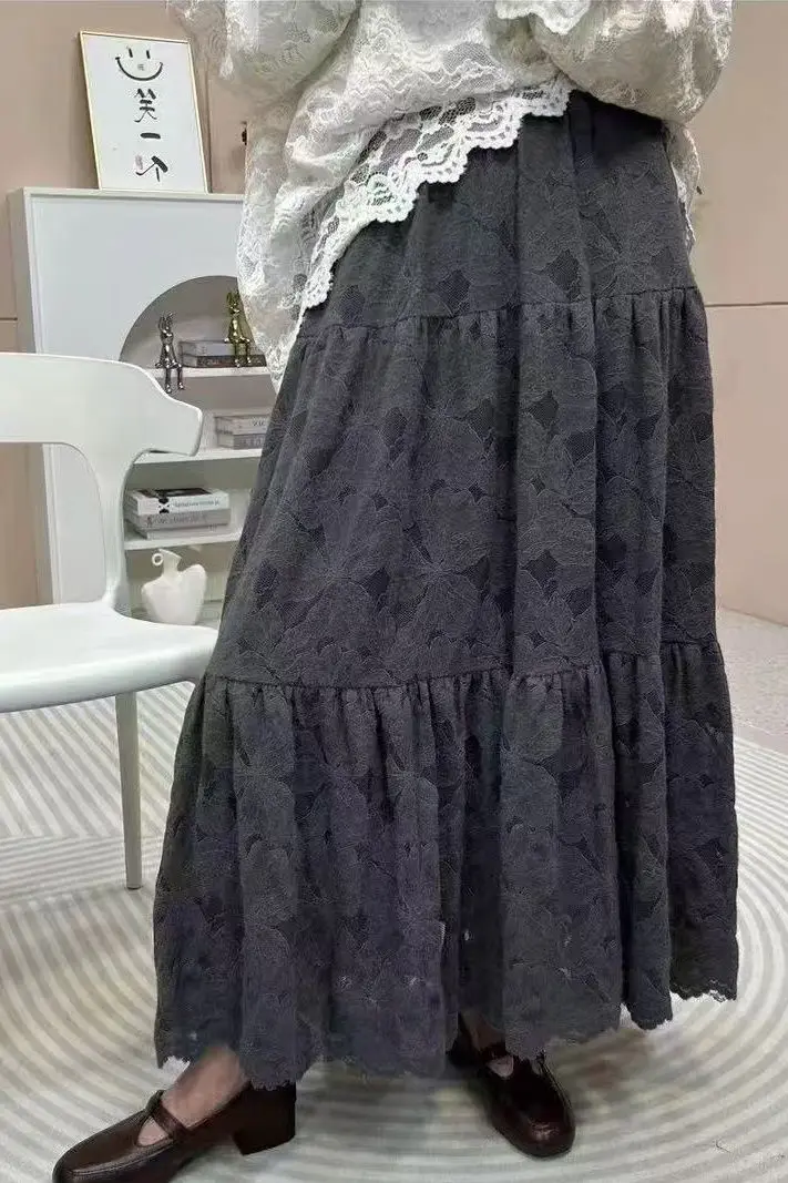 

Gagarich 2026 Fashion Hook Flower Brushed Lace Patchwork Women Autumn Winter New High Waist Slimming A-line Versatile Cake Skirt