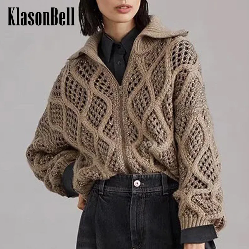 

7.26 KlasonBell Women Argyle Plaid Hollow Out Crochet Jacquard Knit Cardigan 2024 New Autumn Lapel Zipper Loose Casual Coat