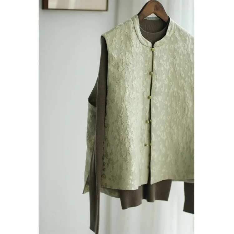 

New Chinese Sle Emed Floral Jaet Women's Vest ort Outerwear Spring Autumn Faionable round Ne Cotton Polyester