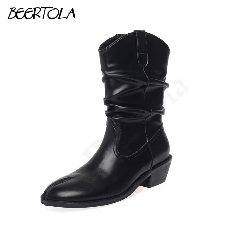 

Ladies This Week Stacked Tabi Short Boots Autumn and Winter Retro Western Toe Boots Mid-Tube Thick Heel One-Step Women's Boots