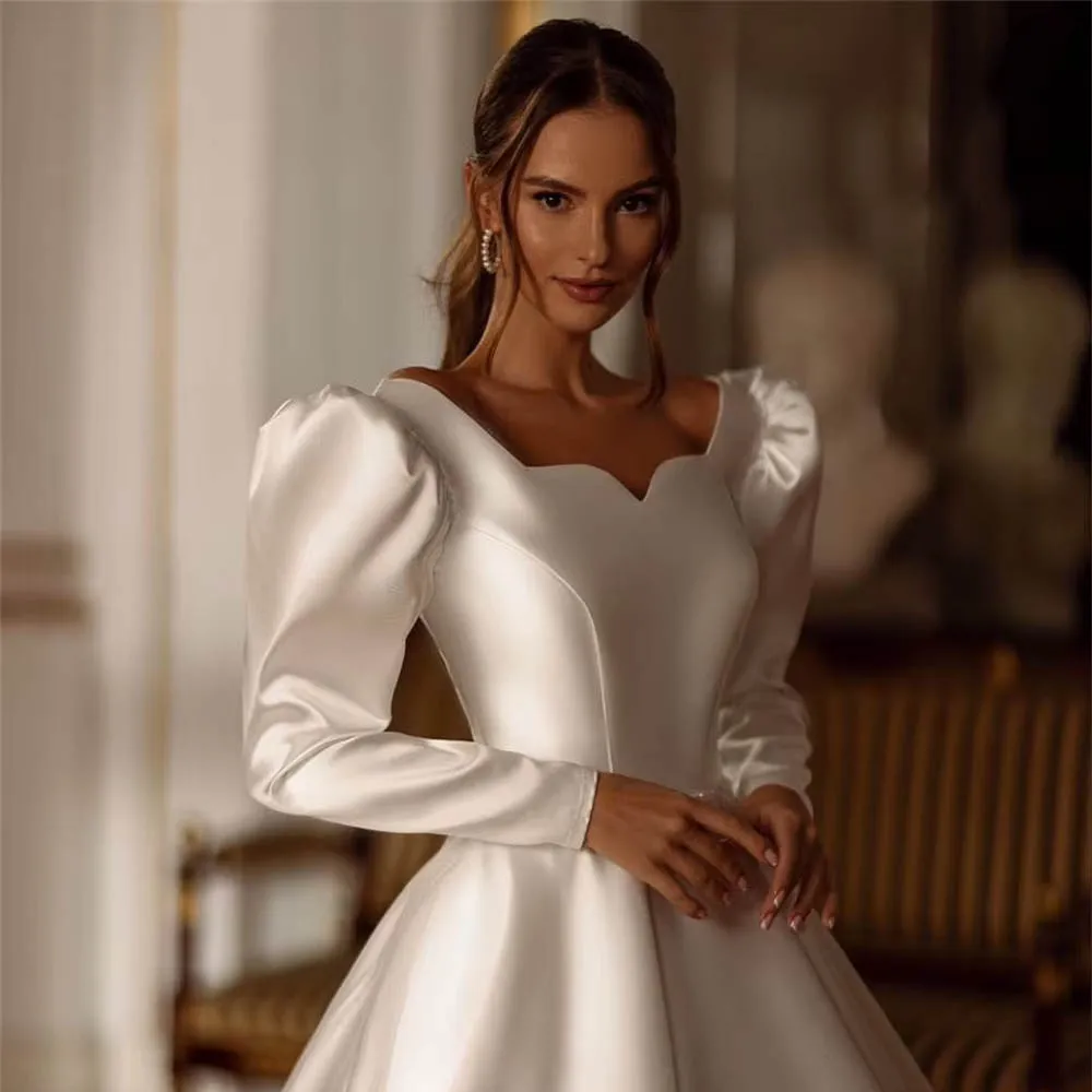 

Мягкое белое атласное свадебное платье по индивидуальному заказу, торжественное свадебное платье с квадратным воротником и длинными рукавами в стиле бохо, трапециевидное платье со шлейфом