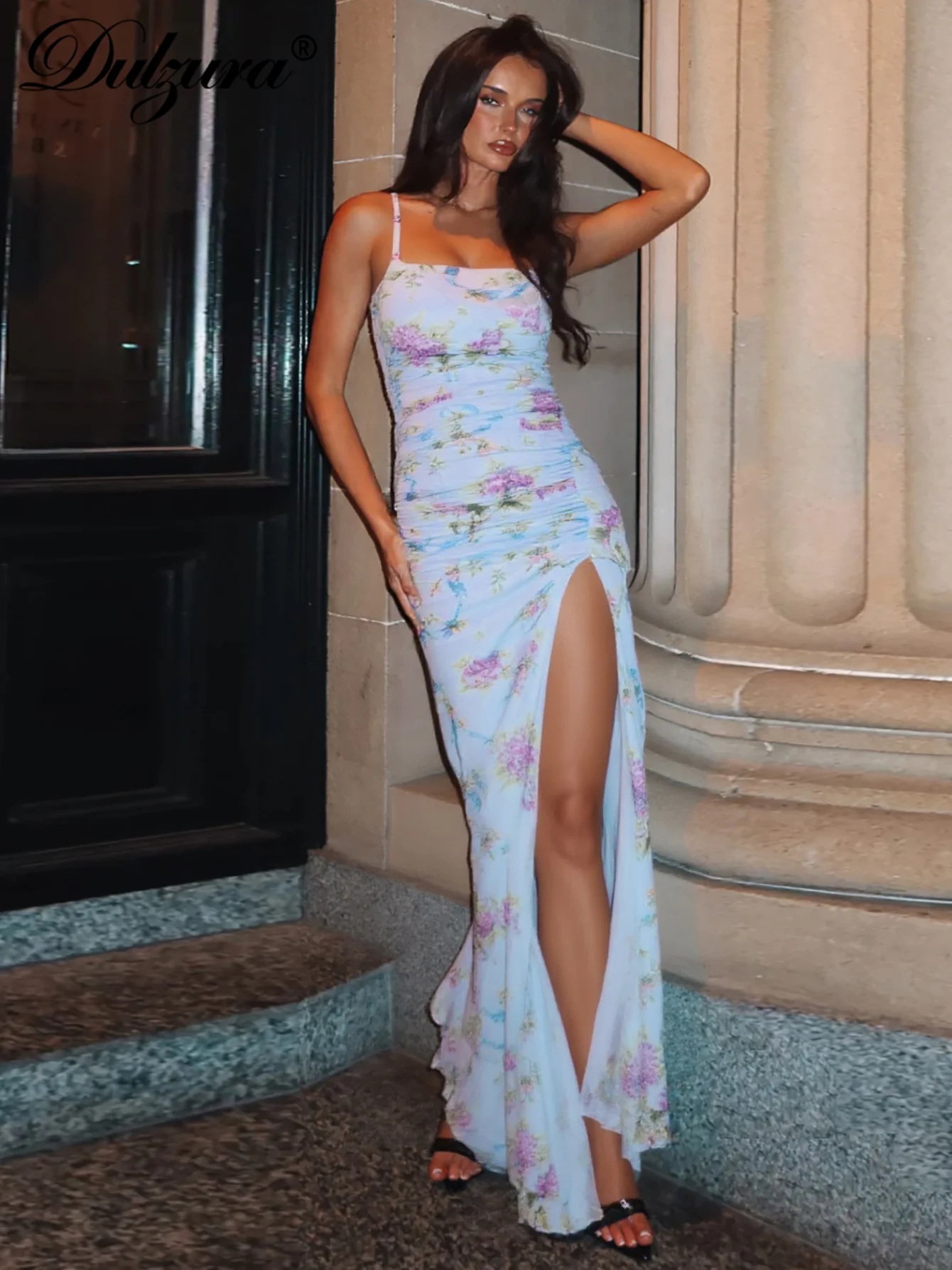 Dulzura Sleeveless Backless Bodycon Ruched Side Slit Zipper Floral Print Cami Maxi Dress Sexy Elegant Long Dress Party Clubwear