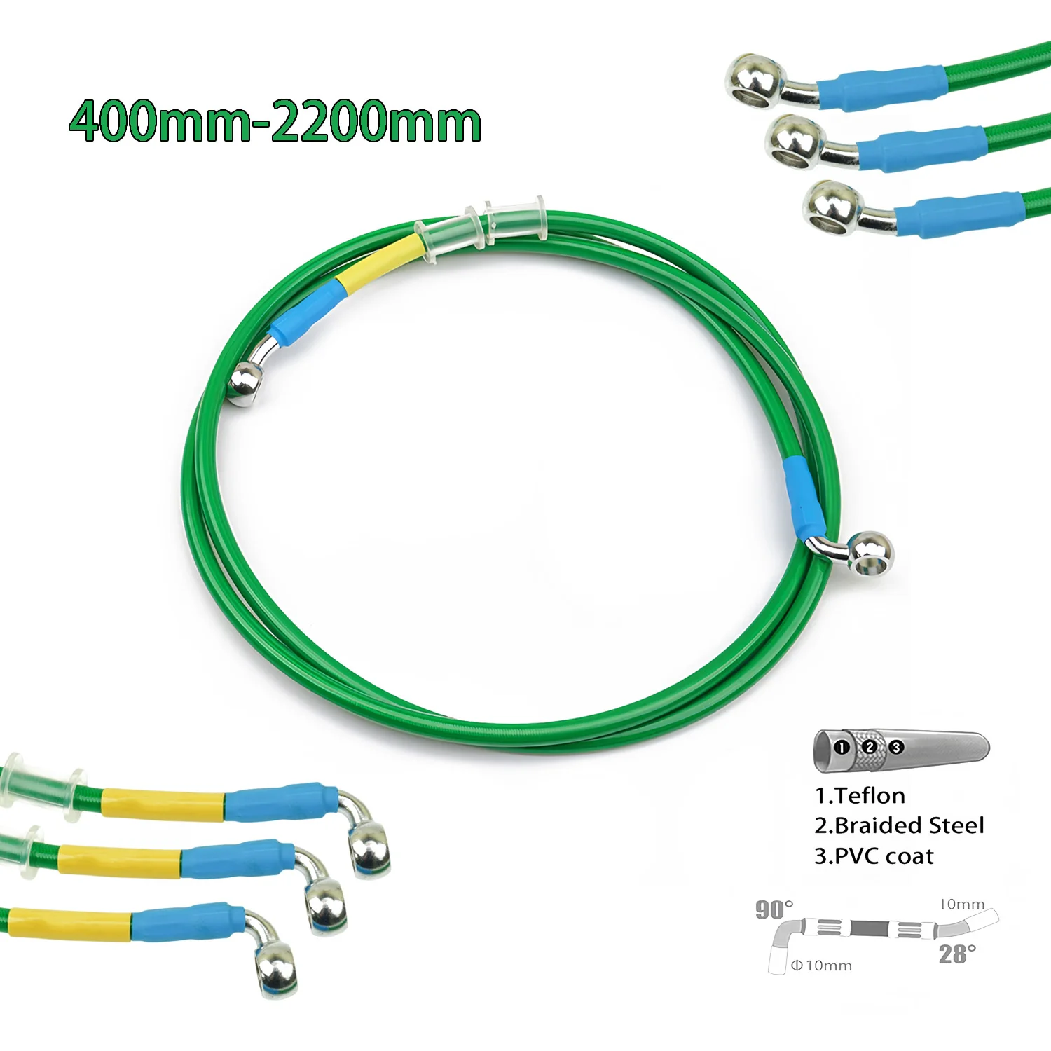 Green 400mm-2200mm Brake Hose Hydraulic DOT Line Cable 10mm 28°-90° Banjo for Suzuki Kawasaki Yamaha Pipe Line Braided oil hose