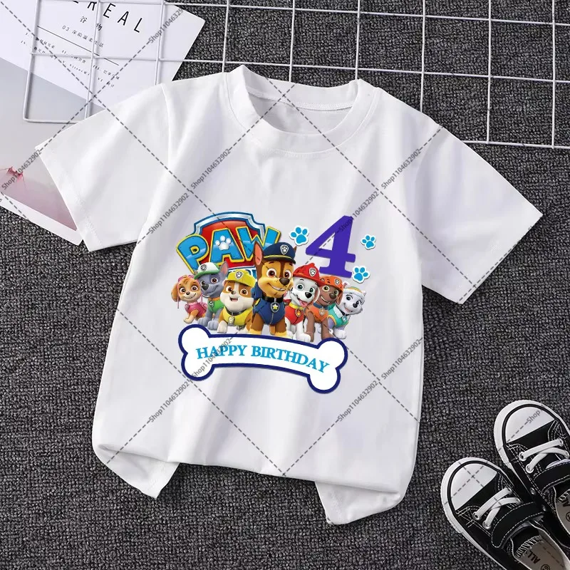 Paw Patrol Cute T-shirts Chase Skye Cartoon Anime Numbers 1-9 Printed Tee Birthday Party Clothes Comfortable Short Sleeves Gifts