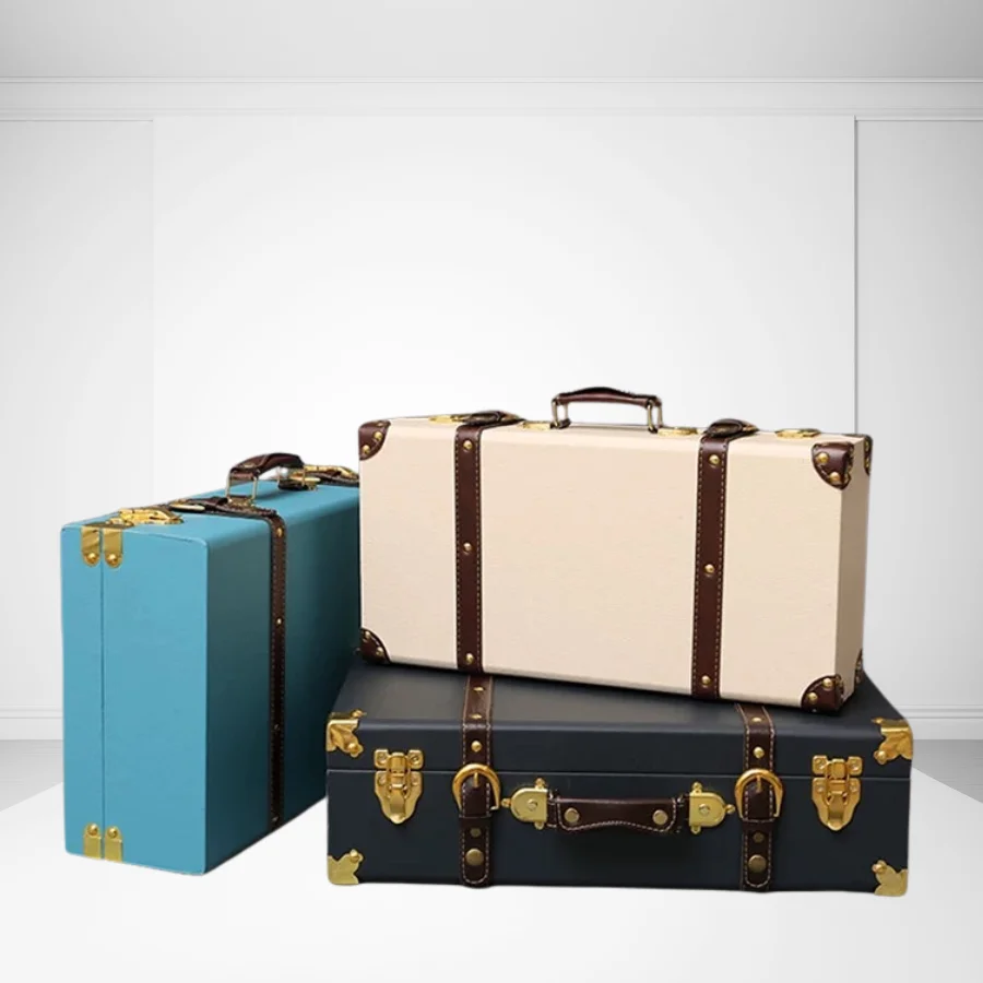 Vintage Style Travel Luggage Luxury Stylish Handmade Wood Leather Wrapped Luggage Safety Lock Classic Trolley Bag