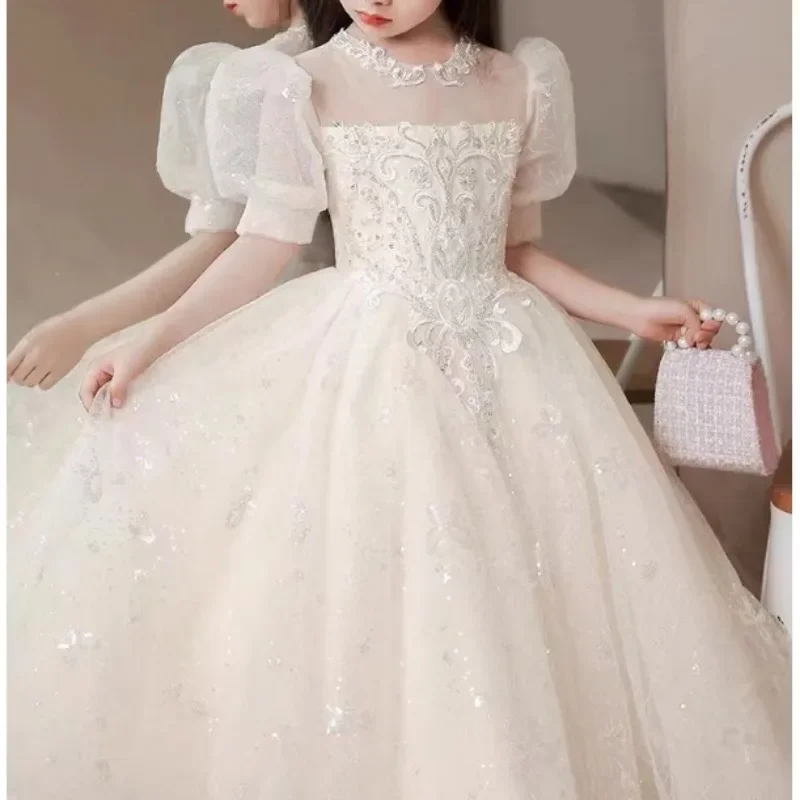 Flower Girls Princess Dress Spring Summer Children's Host Wedding Little Girls A-LINE Piano Performance Costume Party Dress