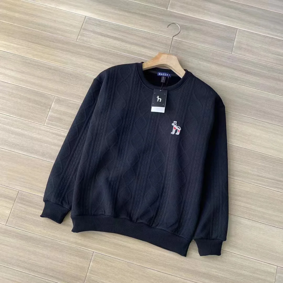 HAZZYS Men's Textured Jacquard Crewneck Sweatshirt Solid Color Embroidered Logo Long Sleeve Pullover Smart Casual Top