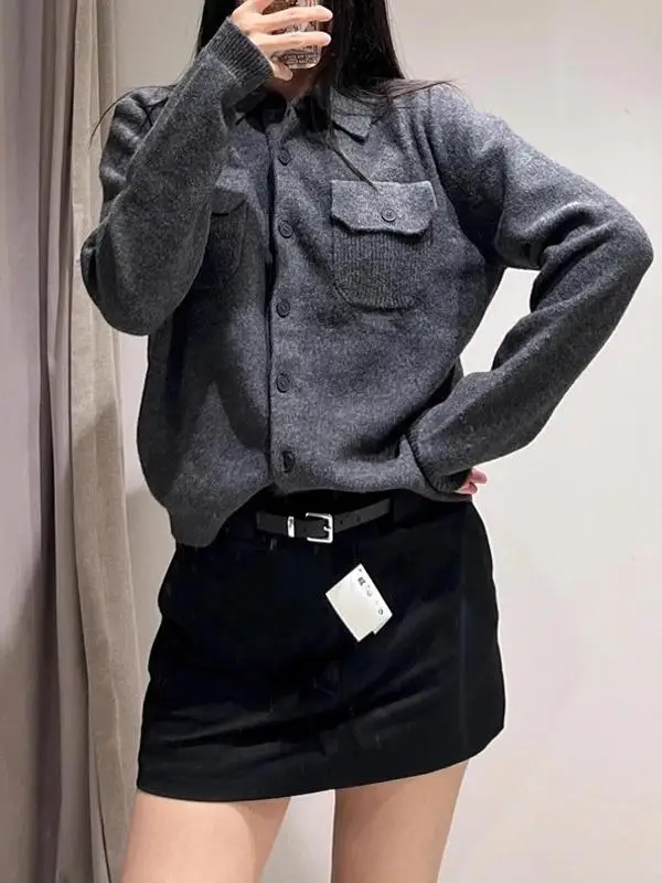 

Spring Autumn 2025 Women's High-End Collar Long Sve Knitted Open Cardigan Jaet Korean Sle Loose Fit Polyester Fiber