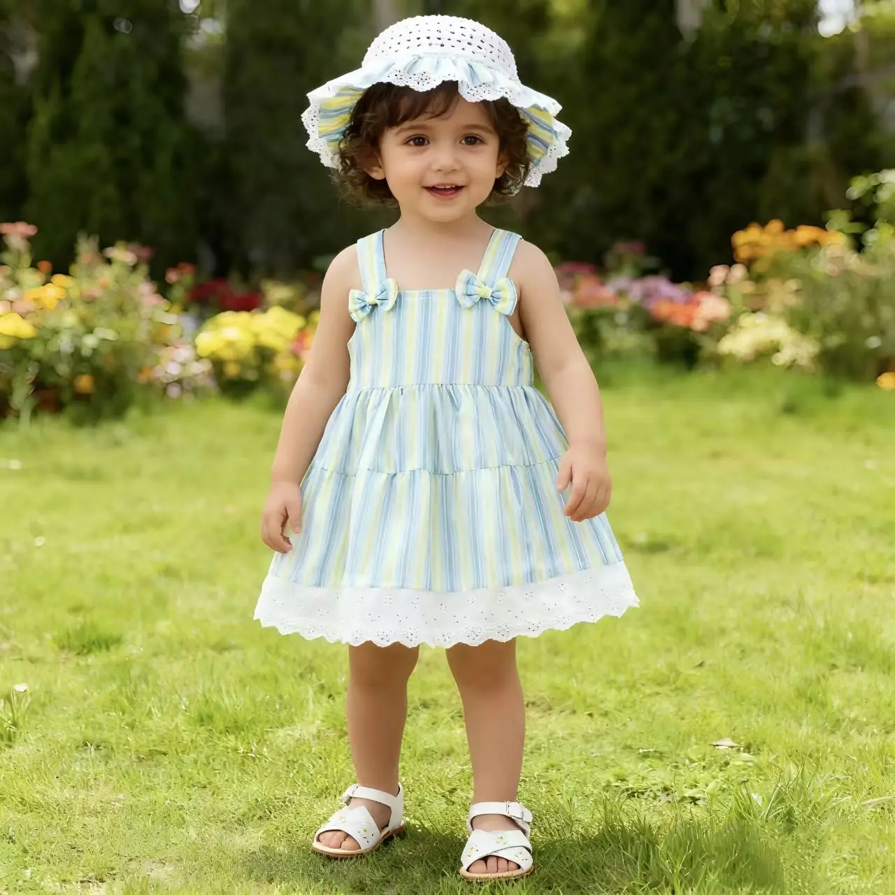 فستان أطفال صيفي بعمر 0-3 سنوات فستان بحمالات للفتيات الصغيرات فستان أنيق مخطط للحفلات فستان الأميرة + قبعة ملابس أطفال