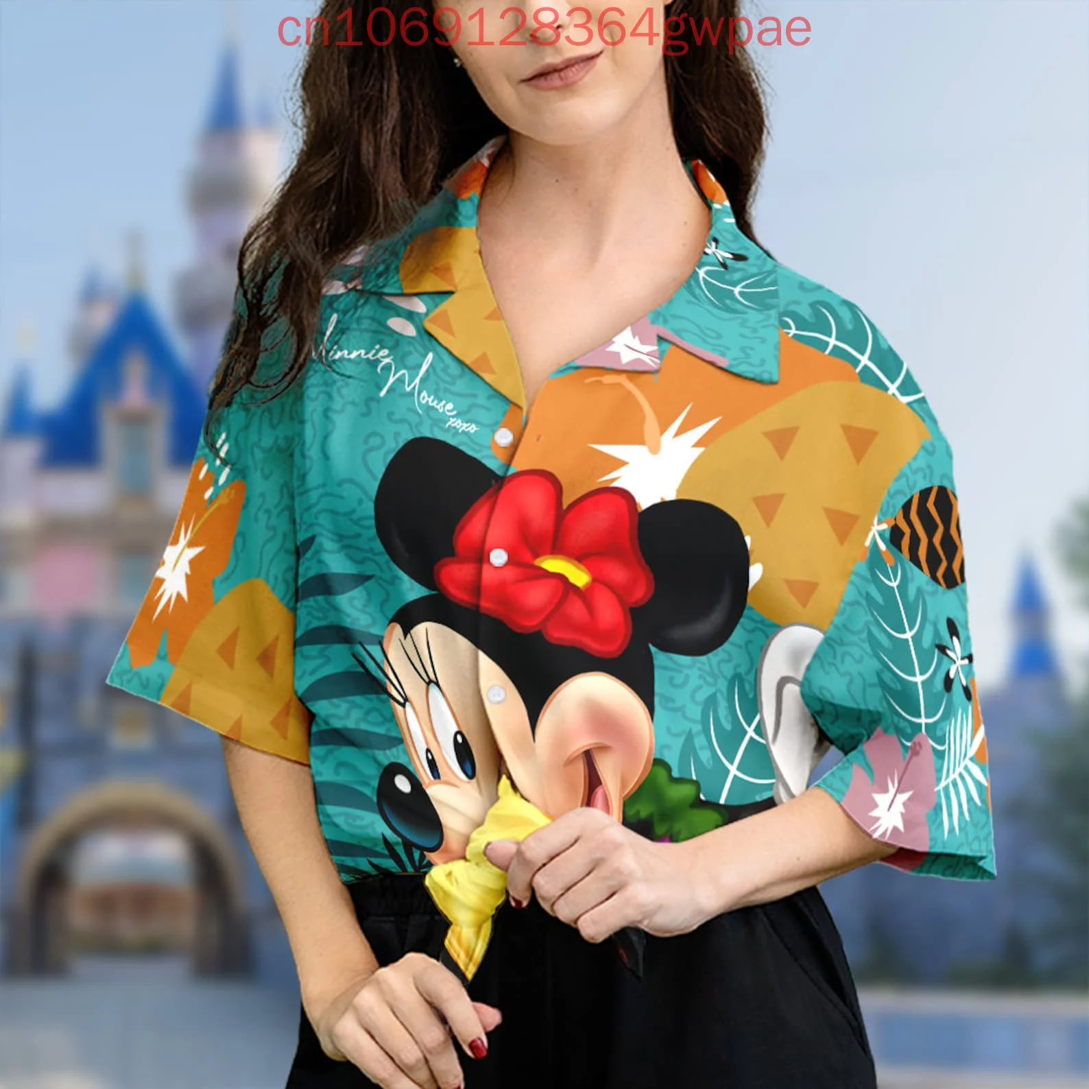 

Summer Minnie Hawaiian Shirt Women's Short Sleeve Button Shirt Disney Mickey Men's Casual Beach Vacation Sun Protection Shirt