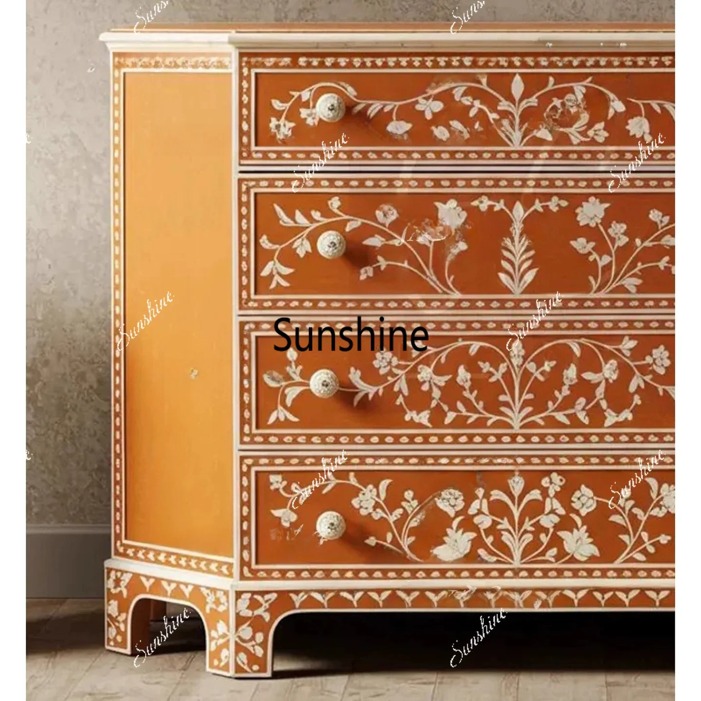 

French retro solid wood hand-painted four-bucket cabinet living room wall decorative cabinet