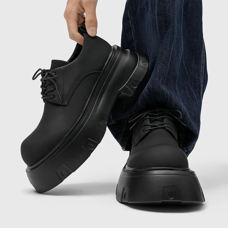 men's casual punk rock platform shoes lace-up derby shoe black matte designer sneakers trendy cool original leather footwear man