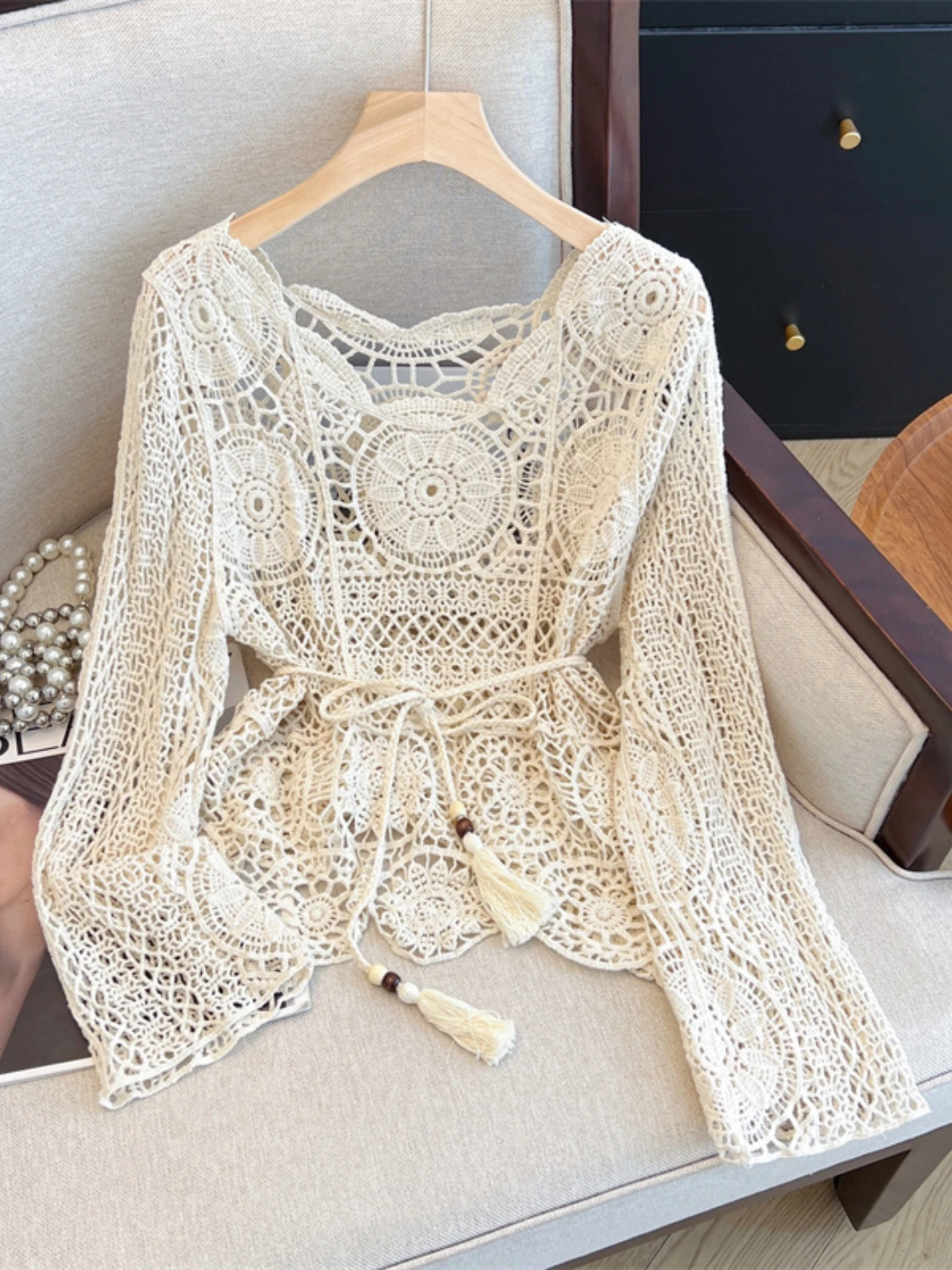 

Женский вязаный топ с вырезом на талии и поясом, летняя верхняя одежда больших размеров для похудения Vaion Sle Long Sve V...