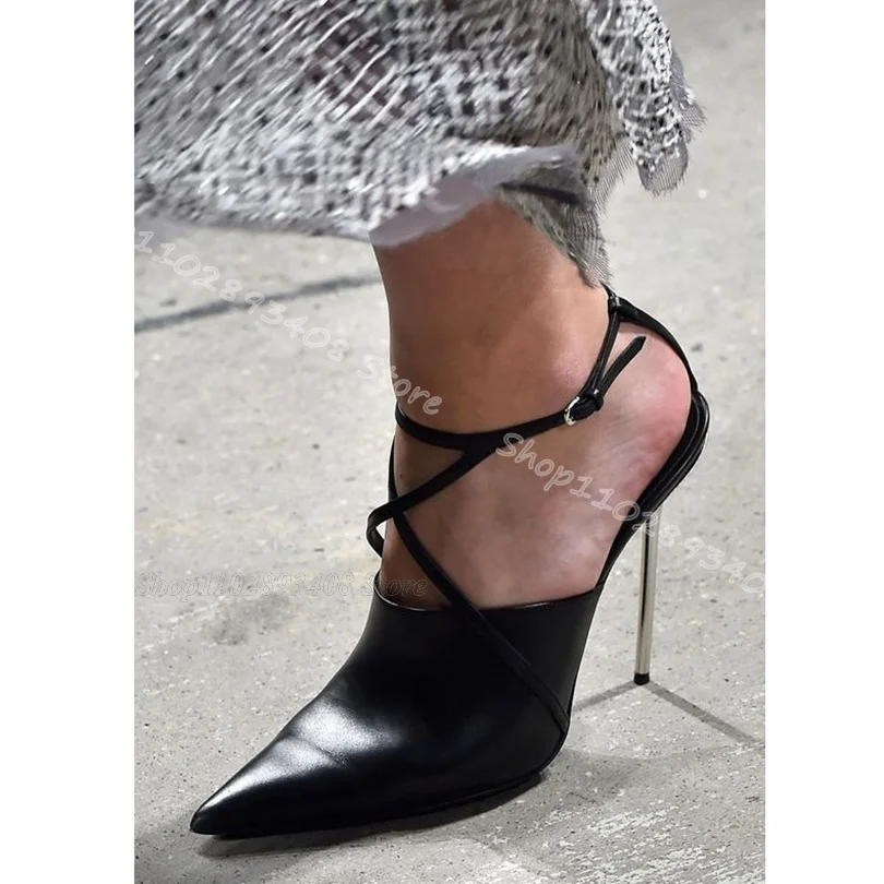 Black Soft Leather Stiletto Pumps Pointed Toe High Heels Ankle Buckle Summer Stylish Party Women Shoes 2024 Zapatos Para Mujere