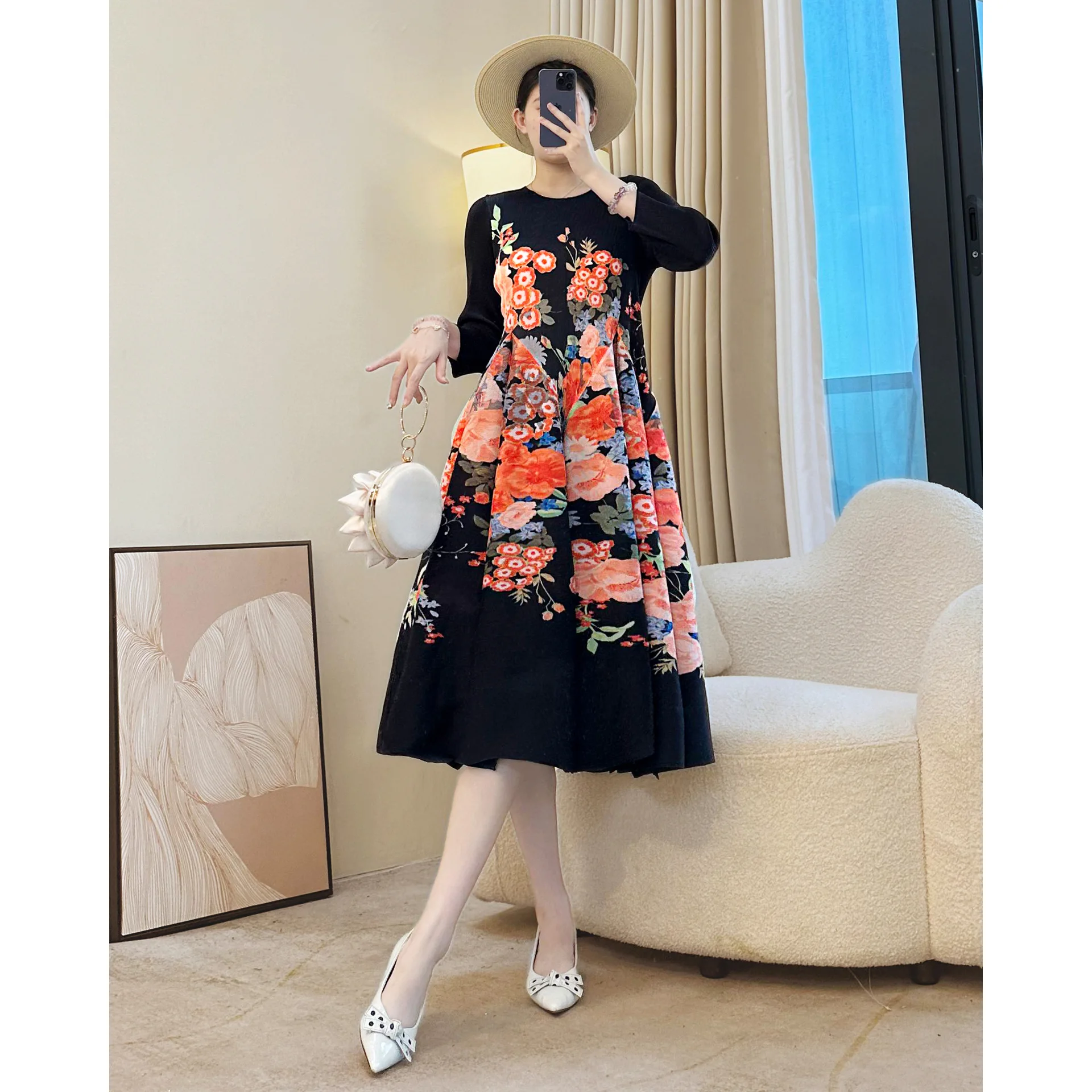

Miyake Autumn Long Sleeves Pelated Printting Women's Dress Elastic Casual Round Collar A Line Ball Gown Dresses Chic
