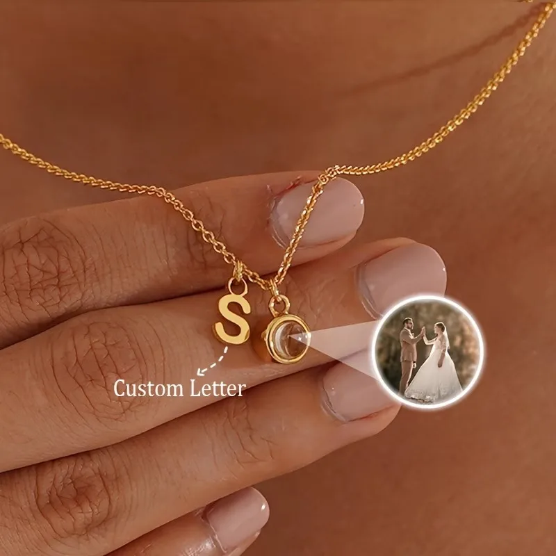 

Custom Photo Projection Necklace Personalized Initial Letter Pendant Gold Color Chain Jewelry Gift for Women