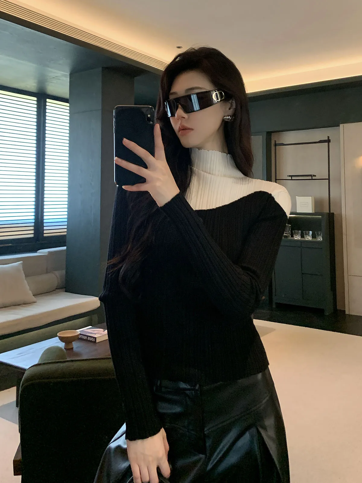 

Повседневный вязаный свитер с длинным рукавом и высоким воротником, облегающий, для отдыха, женский, осенне-зимний, в стиле пэчворк